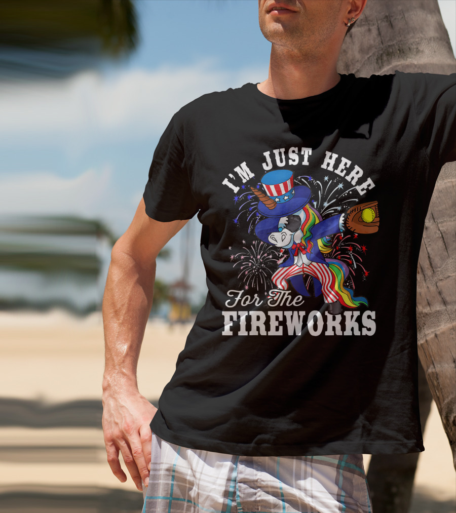 I'm Just Here For The Fireworks Dabbing Unicorn Uncle Sam Softball T-Shirt