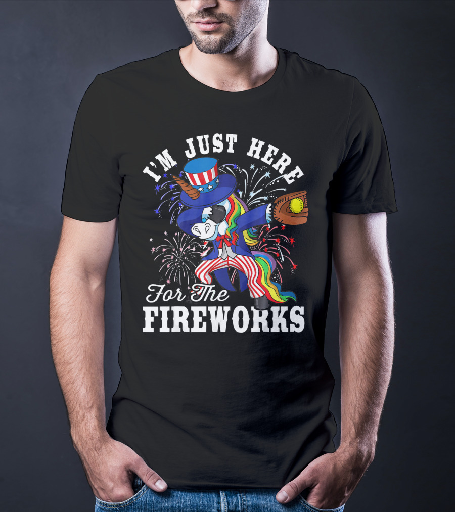 I'm Just Here For The Fireworks Dabbing Unicorn Uncle Sam Softball T-Shirt