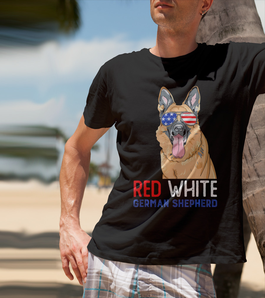 Red White German Shepherd USA Sunglasses Stars Stripes T-Shirt