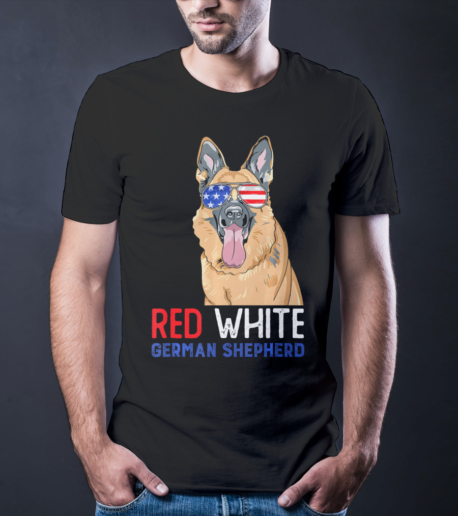 Red White German Shepherd USA Sunglasses Stars Stripes T-Shirt