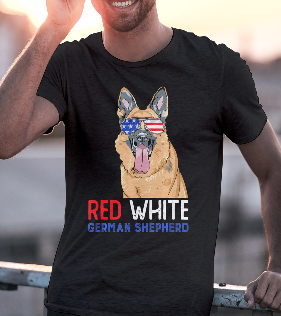 Red White German Shepherd USA Sunglasses Stars Stripes T-Shirt