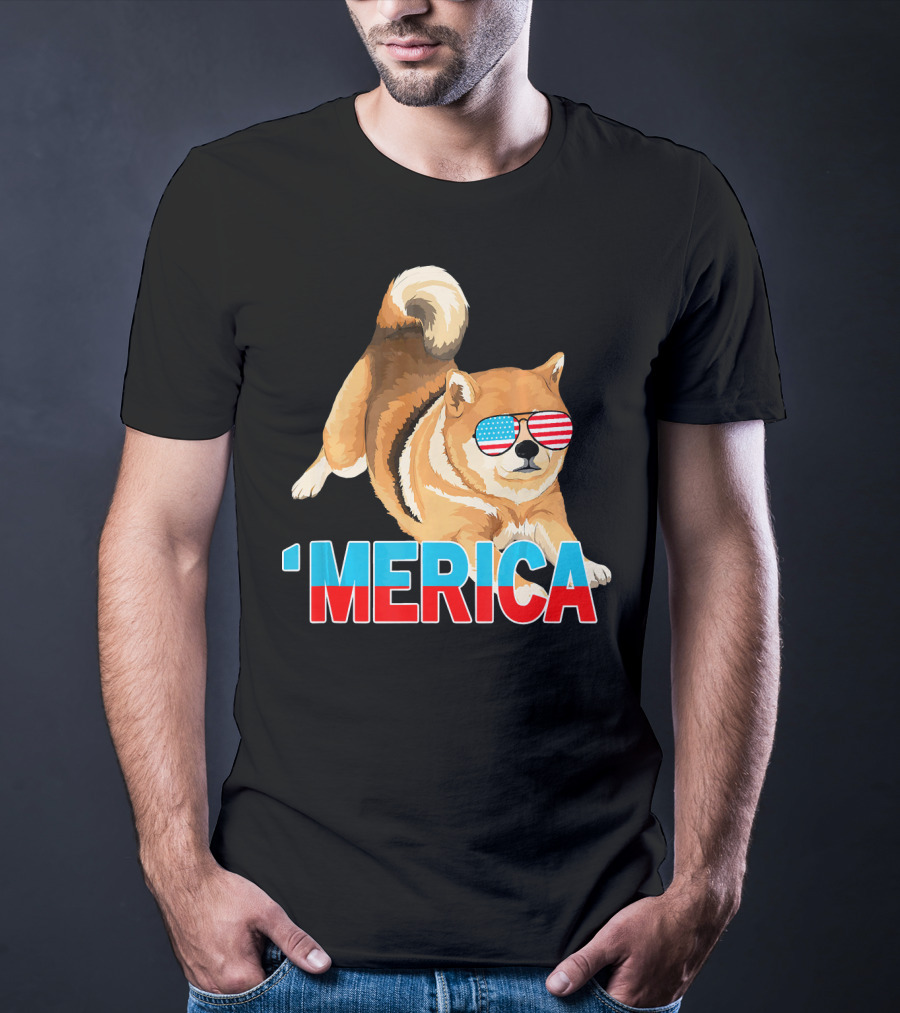 Merica Shiba Inu With American Flag Sunglasses T-Shirt