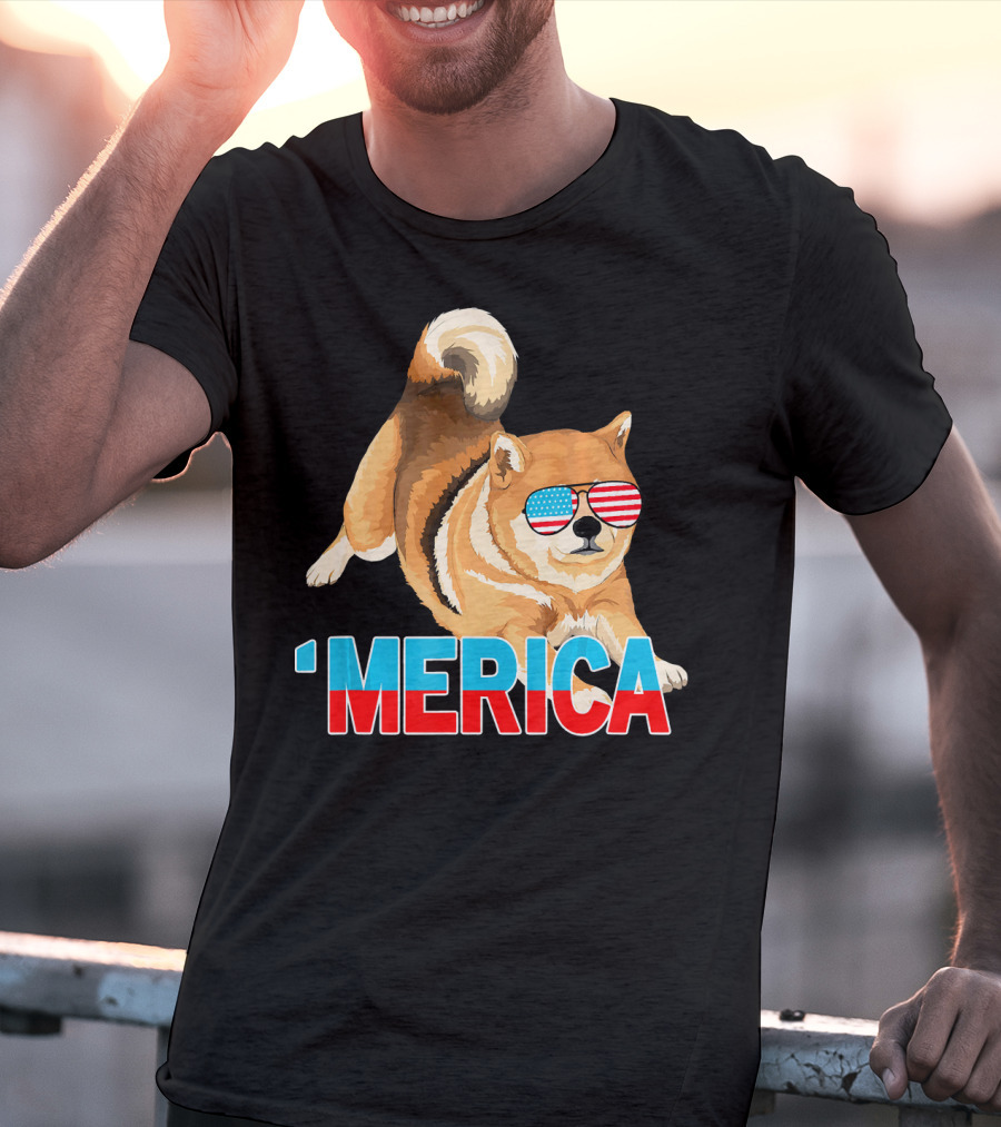 Merica Shiba Inu With American Flag Sunglasses T-Shirt