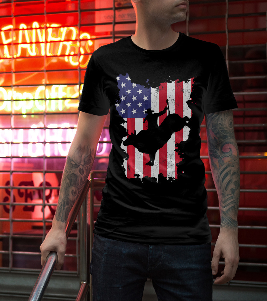 Bull Riding Cowboy Silhouette USA Flag T-Shirt