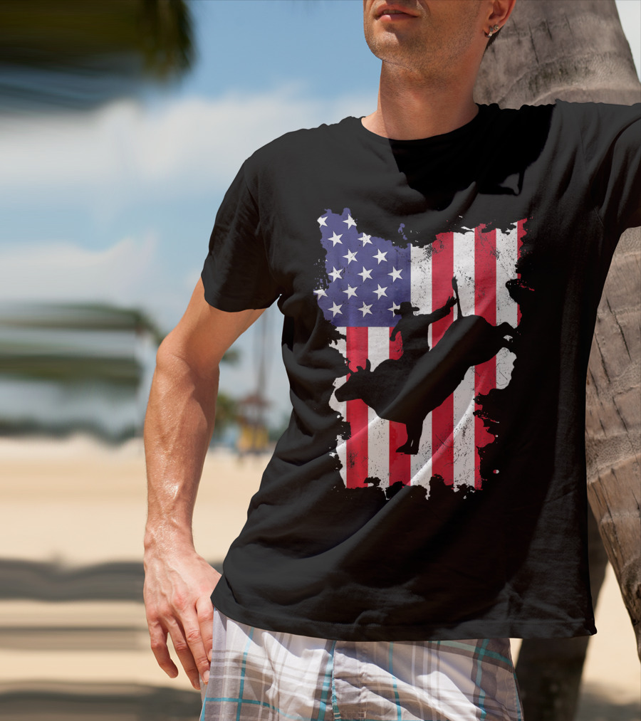 Bull Riding Cowboy Silhouette USA Flag T-Shirt
