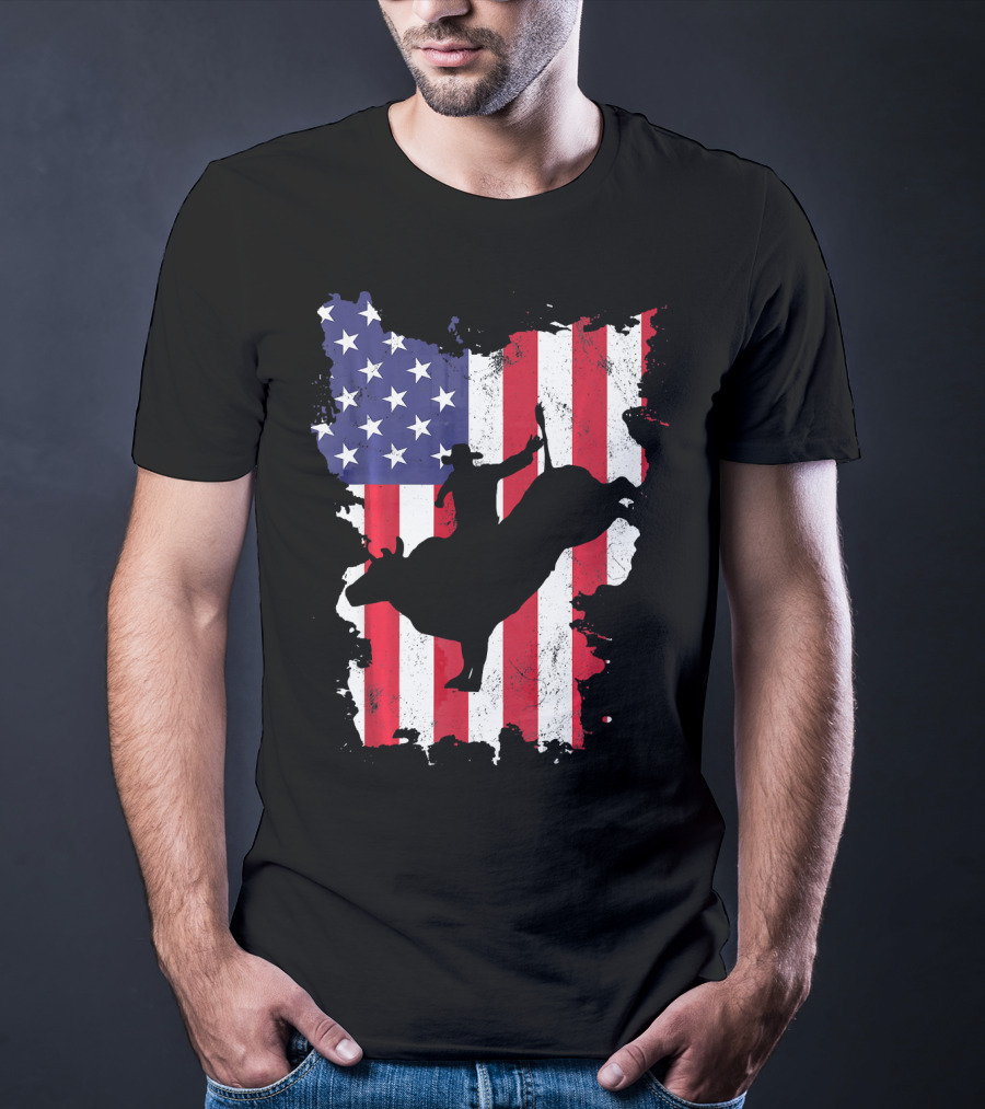 Bull Riding Cowboy Silhouette USA Flag T-Shirt