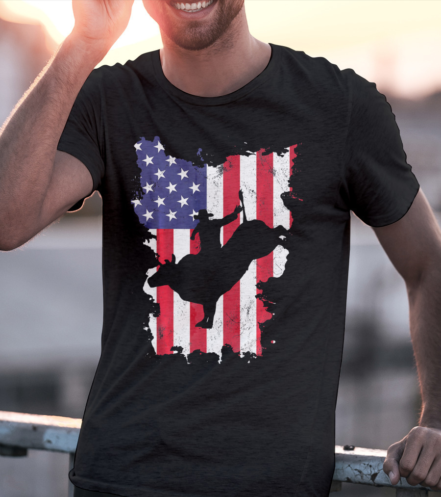 Bull Riding Cowboy Silhouette USA Flag T-Shirt