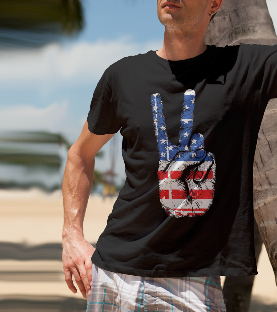 American Flag Peace Sign Hand Gesture T-Shirt