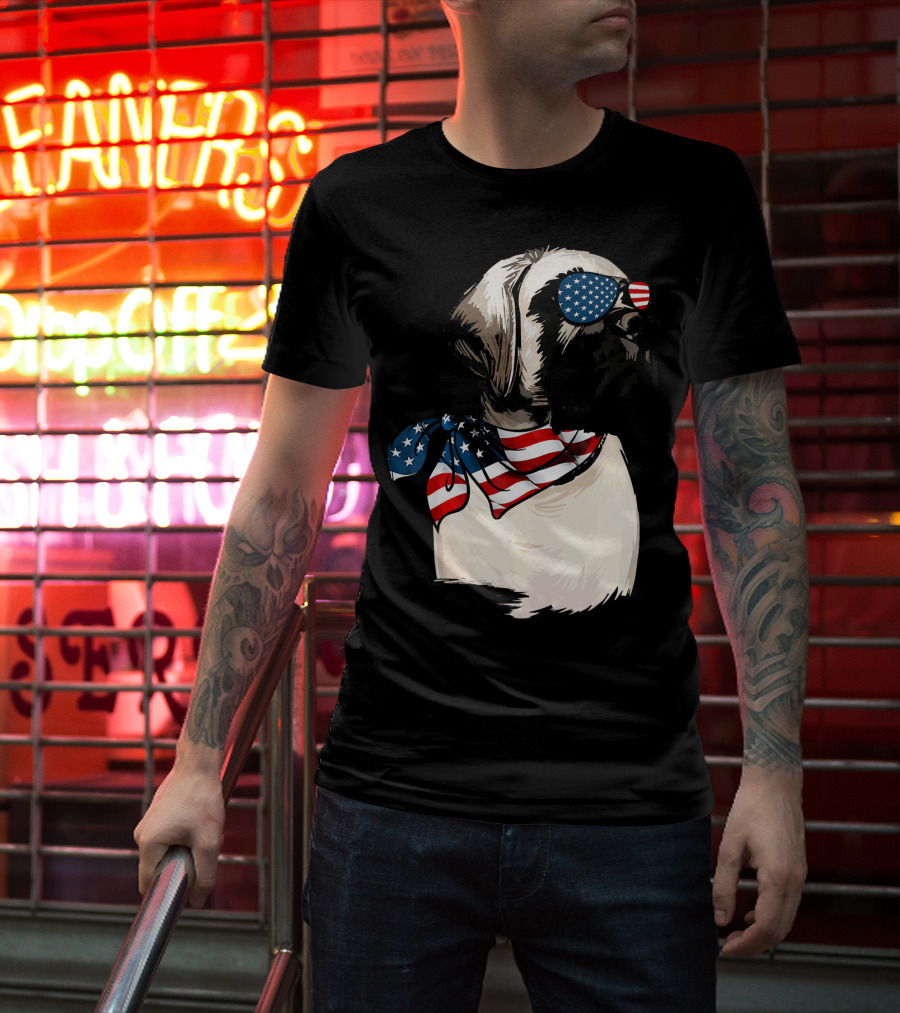 American Flag English Mastiff With Patriotic Stars And Stripes Sunglasses And Scarf T-Shirt
