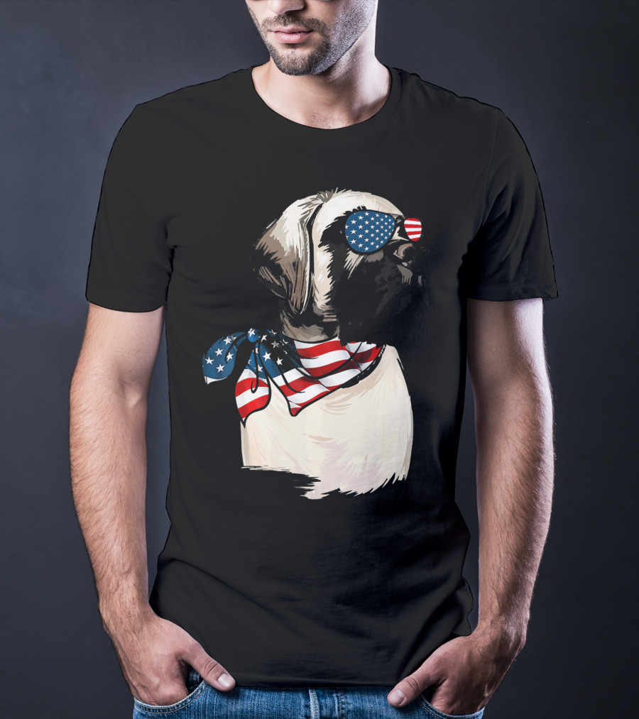 American Flag English Mastiff With Patriotic Stars And Stripes Sunglasses And Scarf T-Shirt