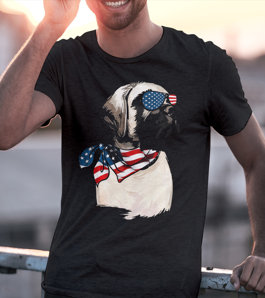 American Flag English Mastiff With Patriotic Stars And Stripes Sunglasses And Scarf T-Shirt