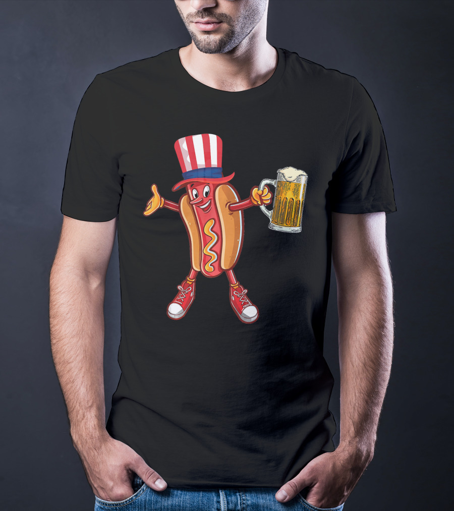 Funny Hot Dog Wearing US Flag Hat Holding Beer Mug T-Shirt