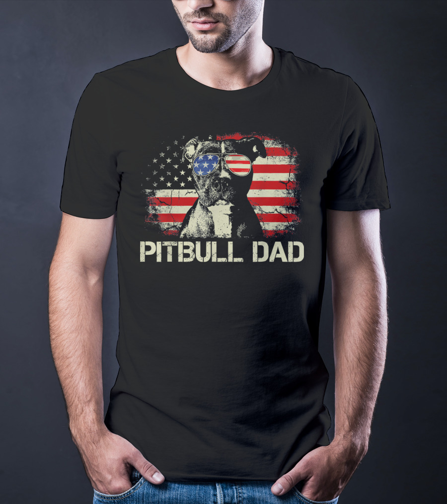 Pitbull Dad American Flag Sunglasses Patriotic Mens Best Ever T-Shirt