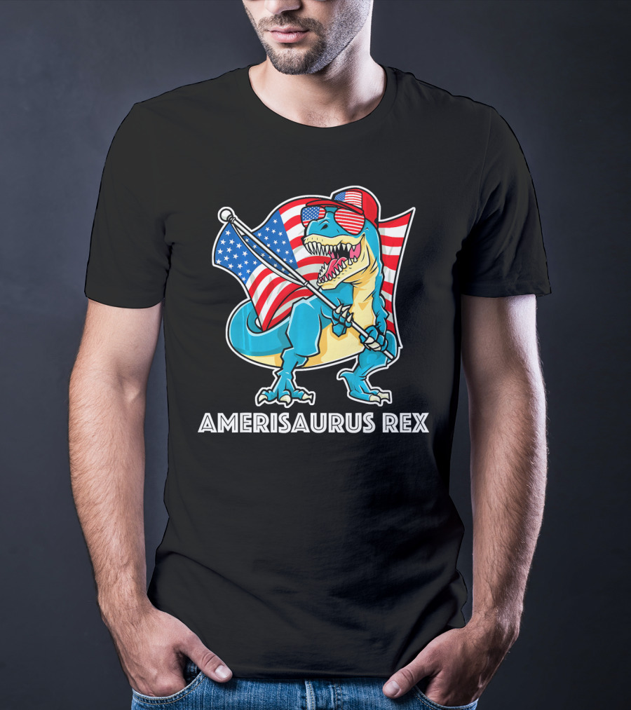 Amerisaurus Rex Patriotic Dinosaur With American Flag And Sunglasses T-Shirt