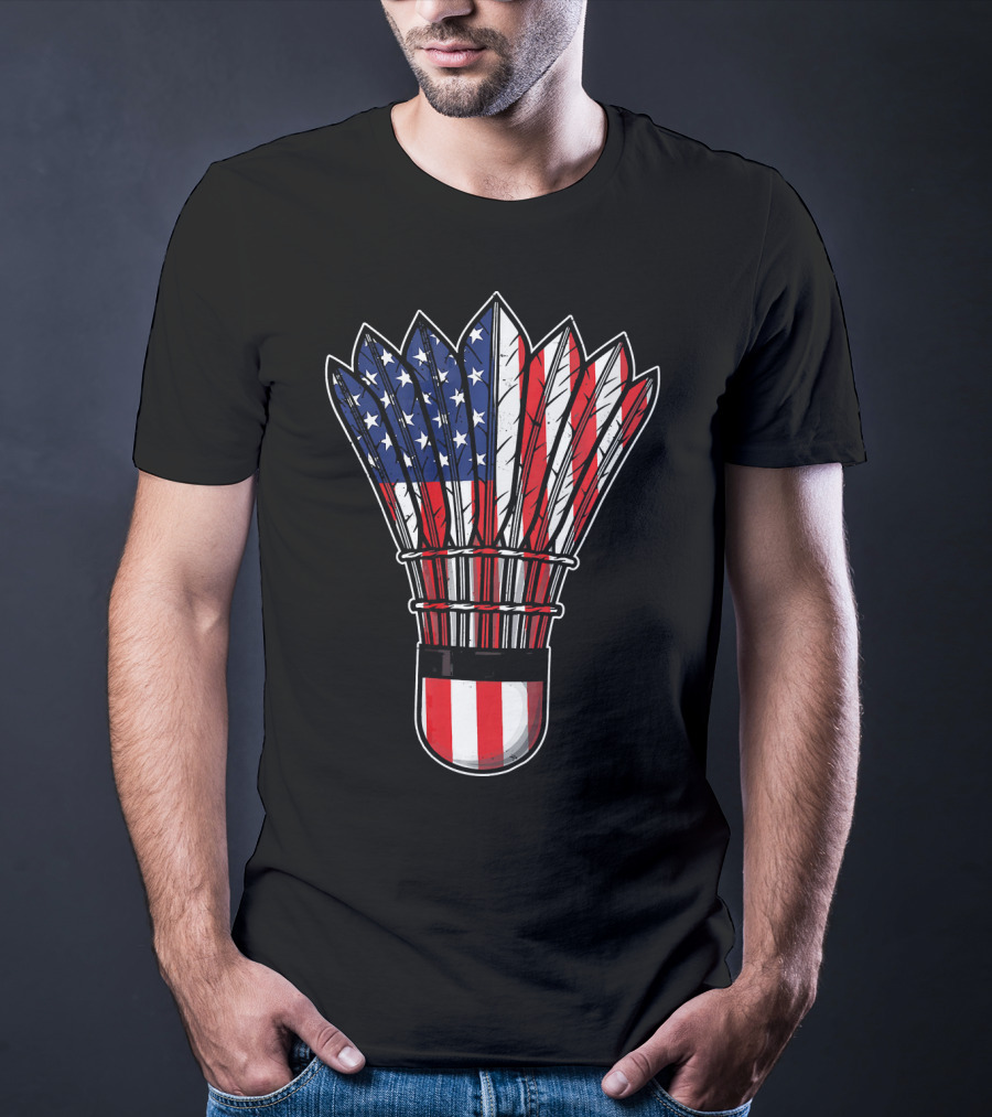 Funny Badminton Shuttlecock American Flag Patriot Player Love T-Shirt