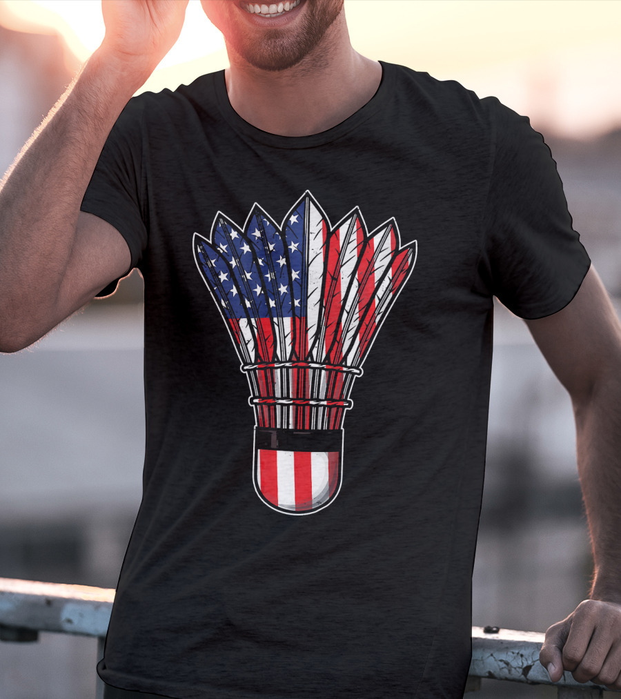 Funny Badminton Shuttlecock American Flag Patriot Player Love T-Shirt
