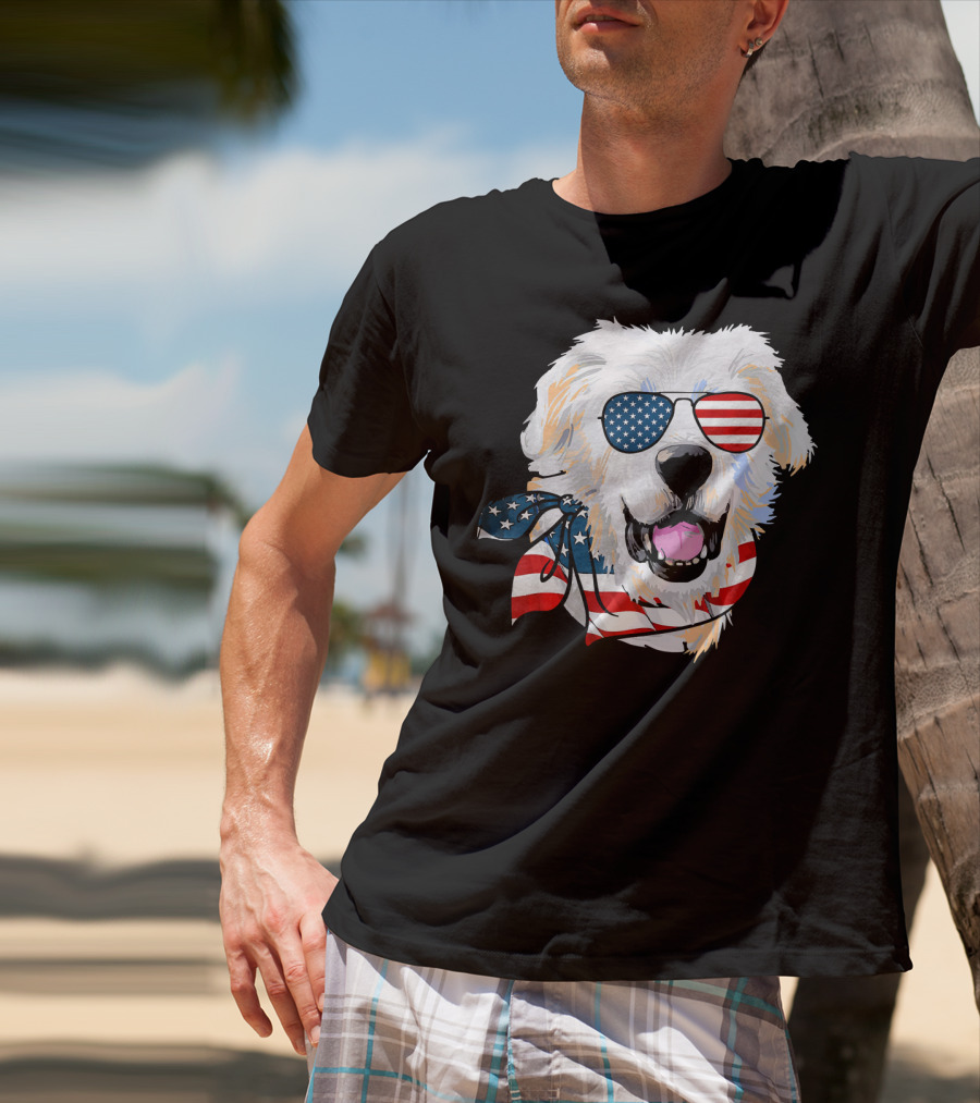 American Flag Great Pyrenees Dog With Patriotic Sunglasses And Bandana T-Shirt