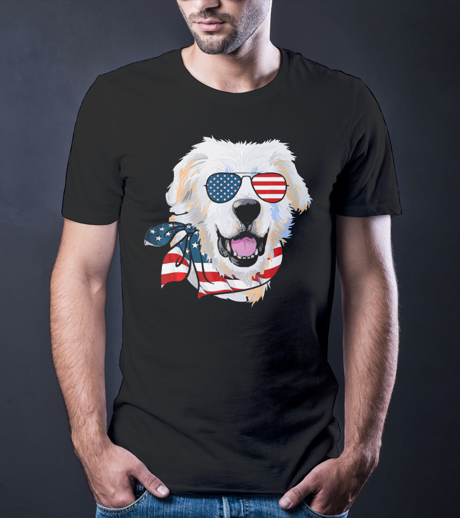 American Flag Great Pyrenees Dog With Patriotic Sunglasses And Bandana T-Shirt