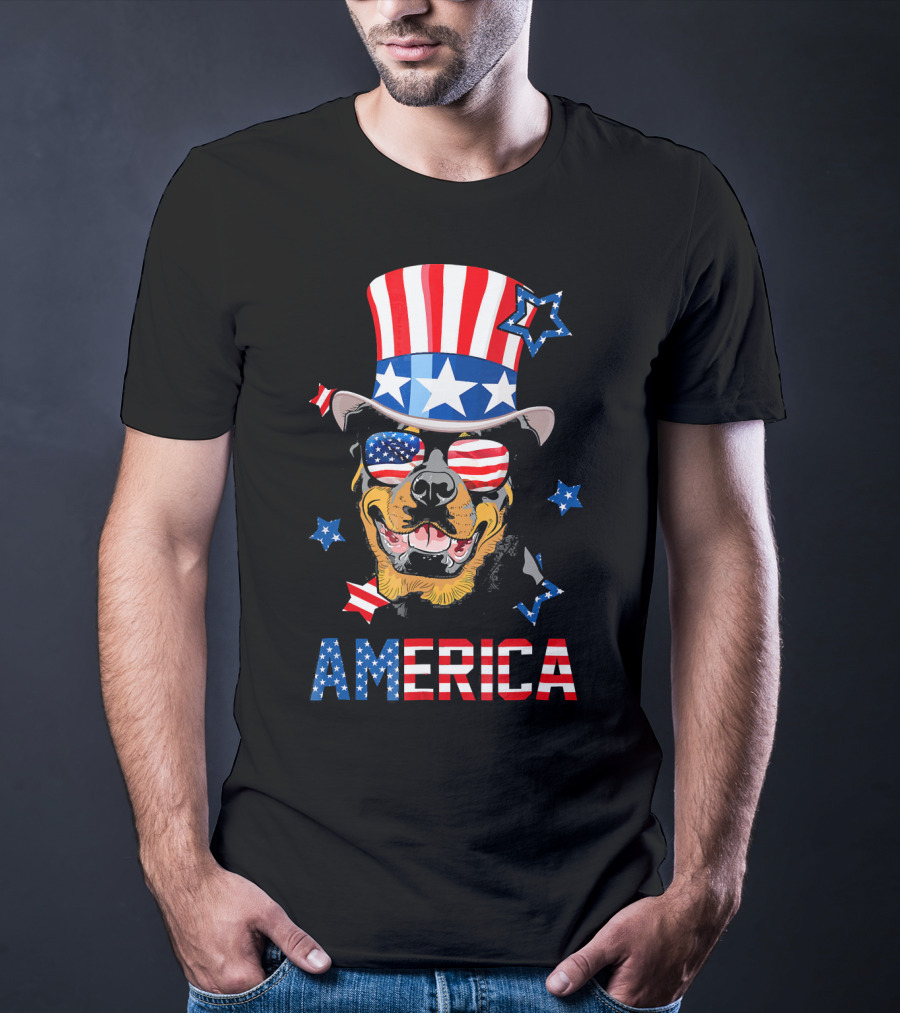 America Rottweiler Wearing Patriotic Top Hat And Sunglasses T-Shirt
