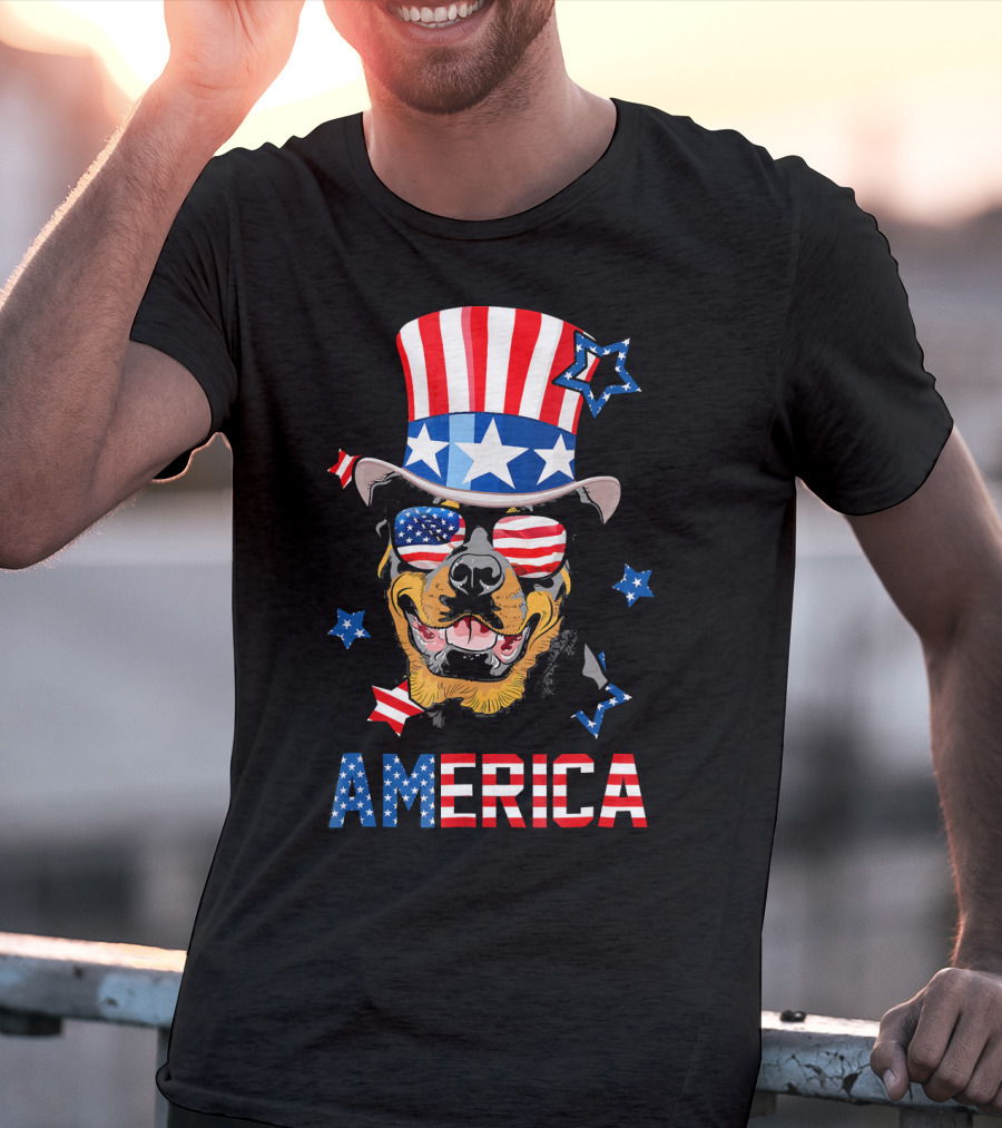 America Rottweiler Wearing Patriotic Top Hat And Sunglasses T-Shirt