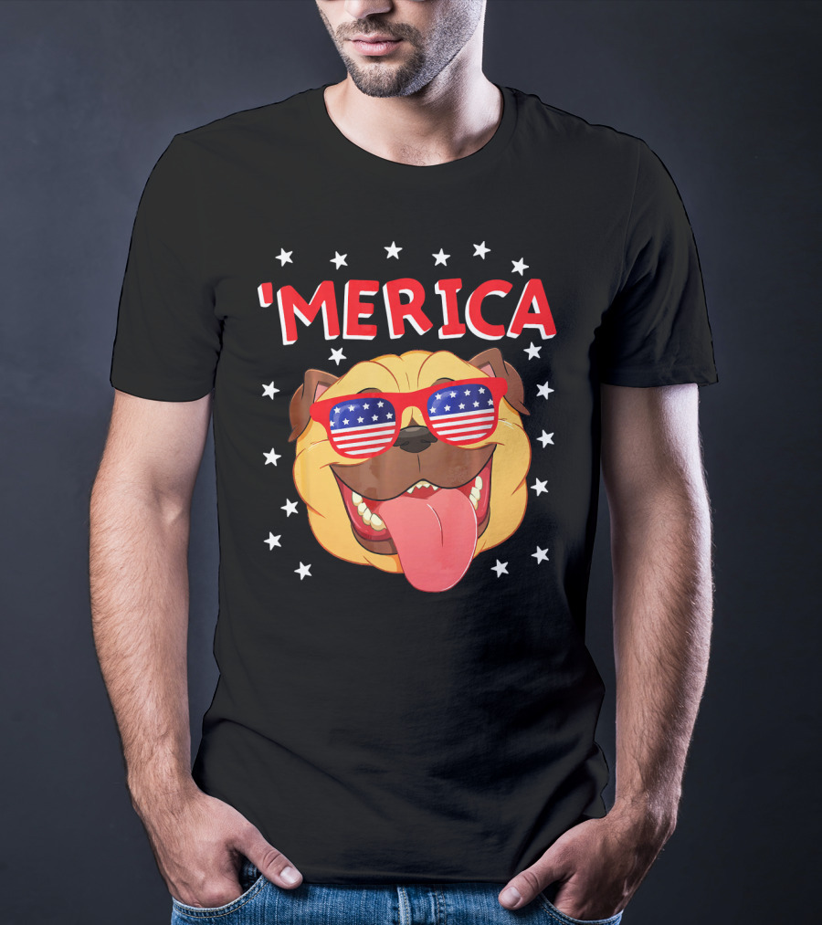'Merica Pug Wearing American Flag Sunglasses With Stars T-Shirt