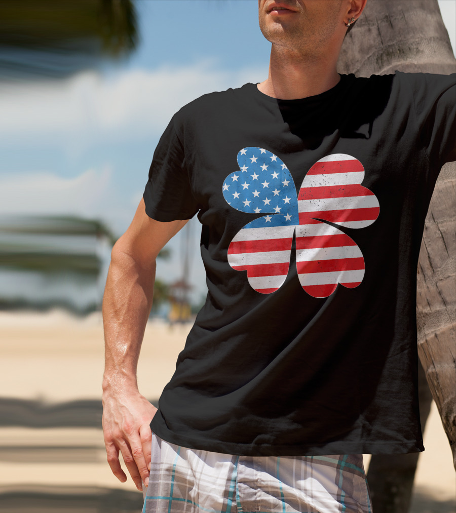 Independence Day American Flag 4 Leaf Clover Shamrock T-Shirt