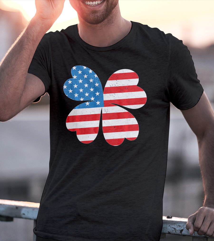 Independence Day American Flag 4 Leaf Clover Shamrock T-Shirt