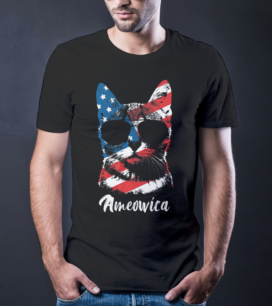 Ameowica Funny Cat Lover Patriotic Stars And Stripes Sunglasses T-Shirt