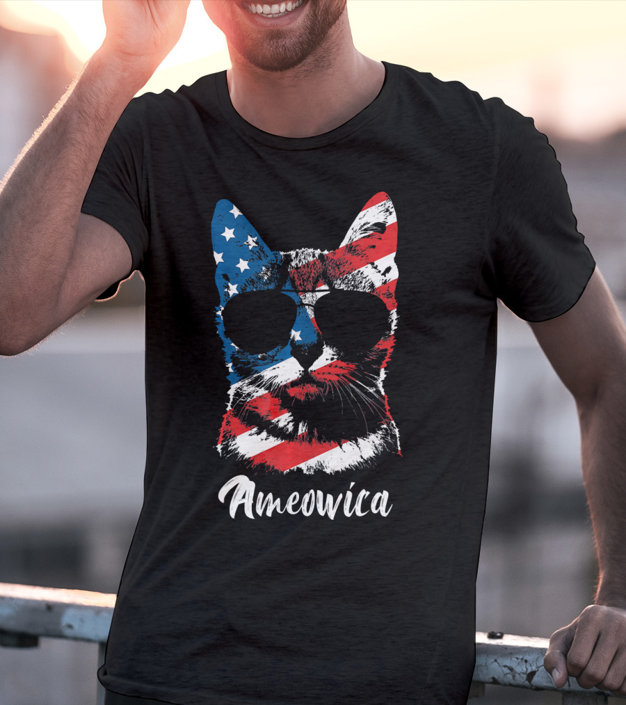Ameowica Funny Cat Lover Patriotic Stars And Stripes Sunglasses T-Shirt
