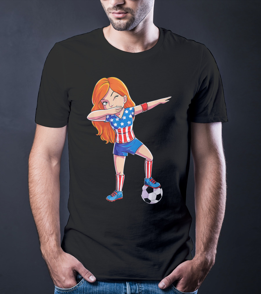Dabbing Soccer Girl USA Flag Stars And Stripes Jersey T-Shirt
