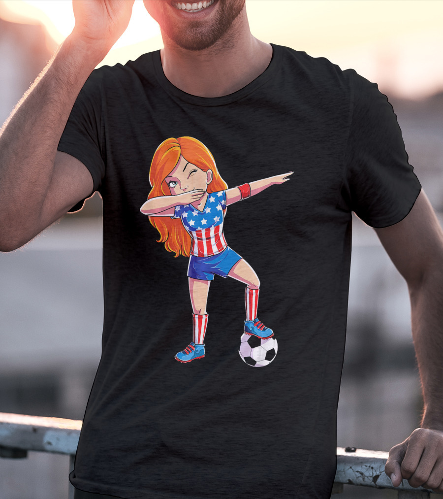 Dabbing Soccer Girl USA Flag Stars And Stripes Jersey T-Shirt