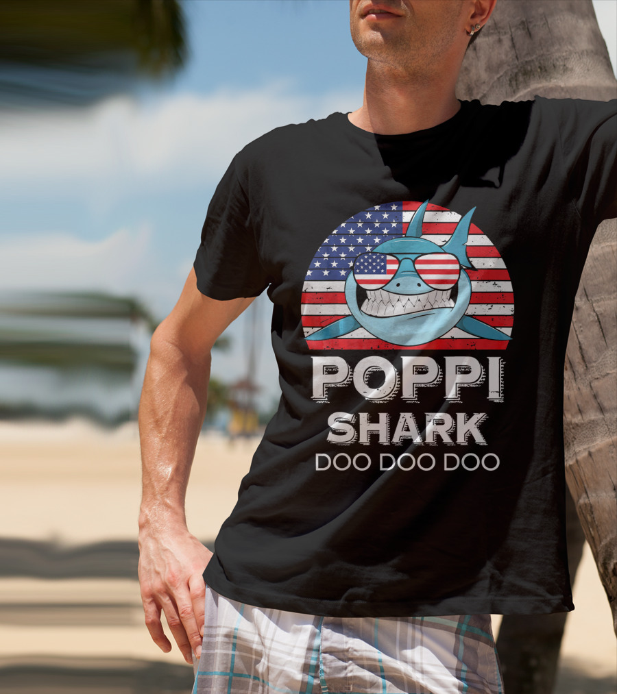 Poppi Shark Doo Doo Doo American Flag Sunglasses T-Shirt