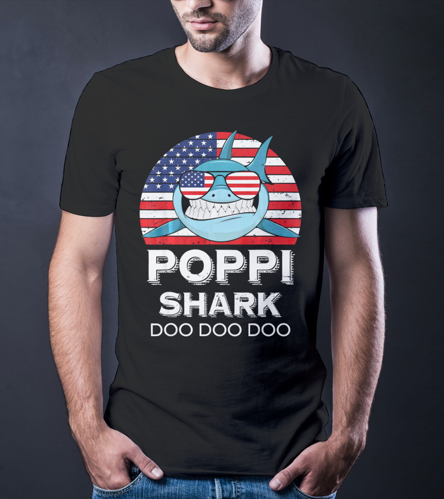 Poppi Shark Doo Doo Doo American Flag Sunglasses T-Shirt