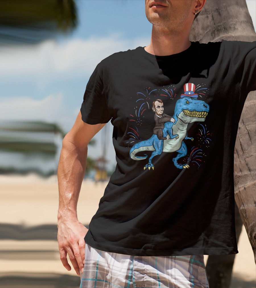 Abe Lincoln Patriotic Dinosaur Riding Fireworks Hat T-Shirt