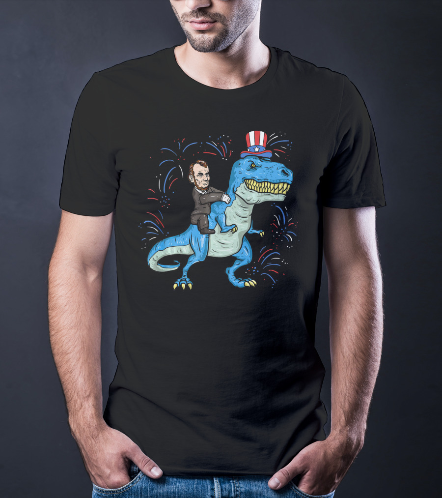 Abe Lincoln Patriotic Dinosaur Riding Fireworks Hat T-Shirt
