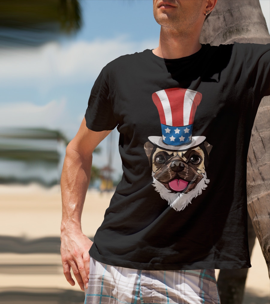 Pug Dog Wearing Uncle Sam Hat And Lincoln Beard T-Shirt