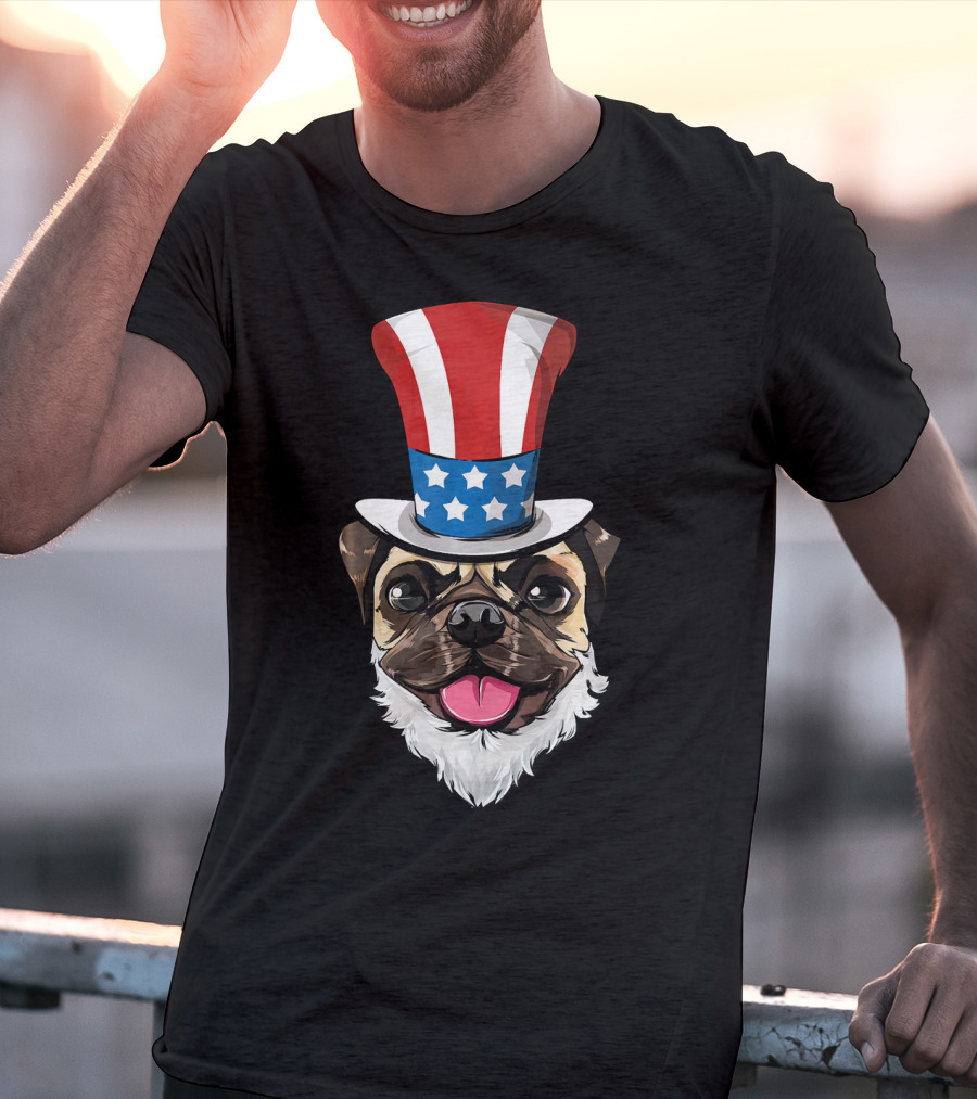 Pug Dog Wearing Uncle Sam Hat And Lincoln Beard T-Shirt