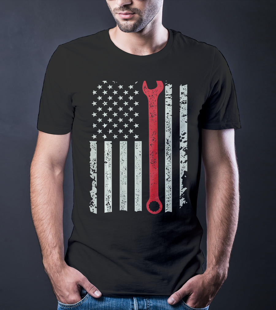 American Flag With Red Mechanic Wrench T-Shirt