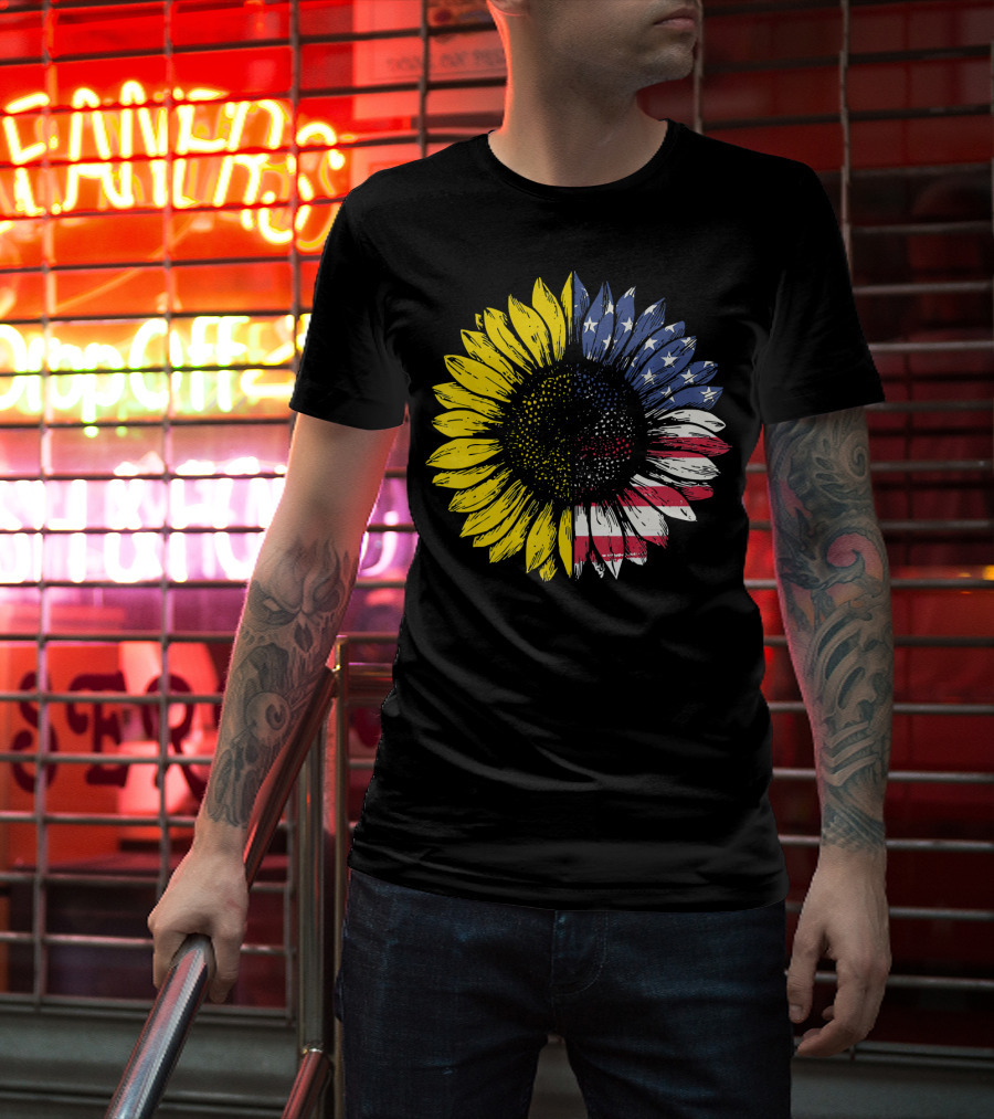 Sunflower With American Flag Stars And Stripes Patriotic T-Shirt