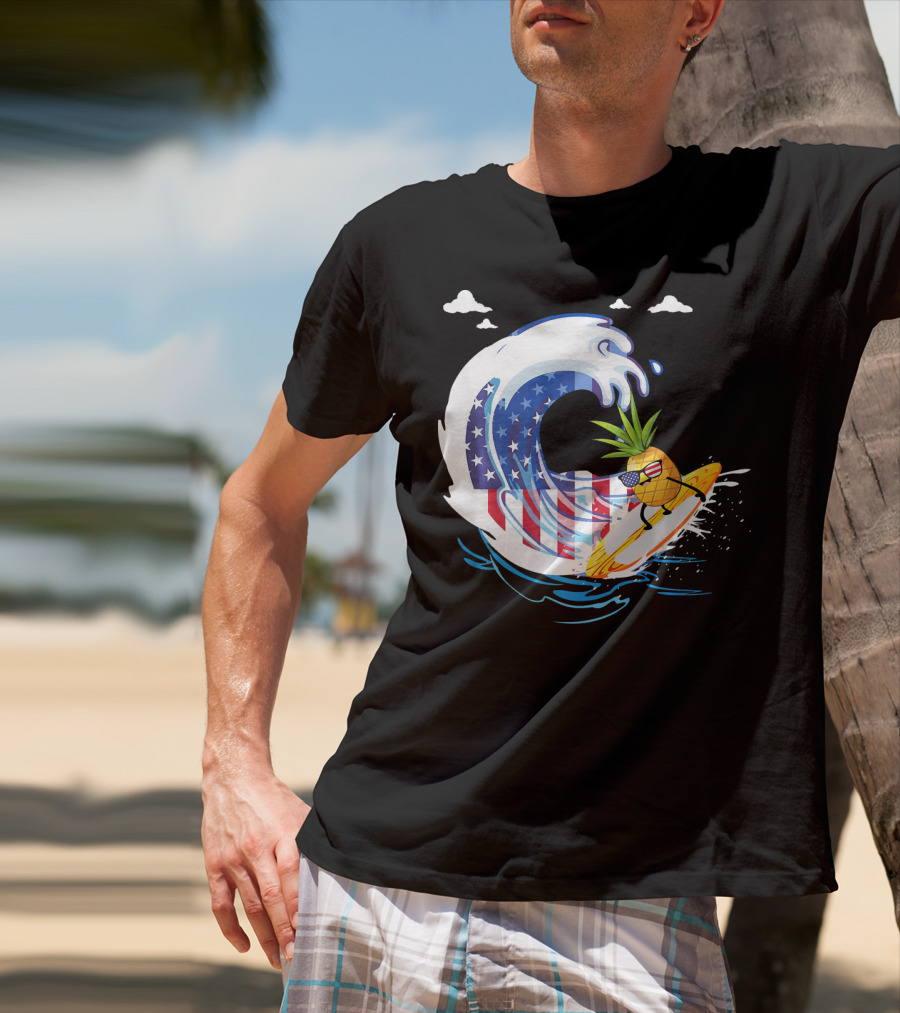 Pineapple Surfing American Flag Wave Hawaiian T-Shirt