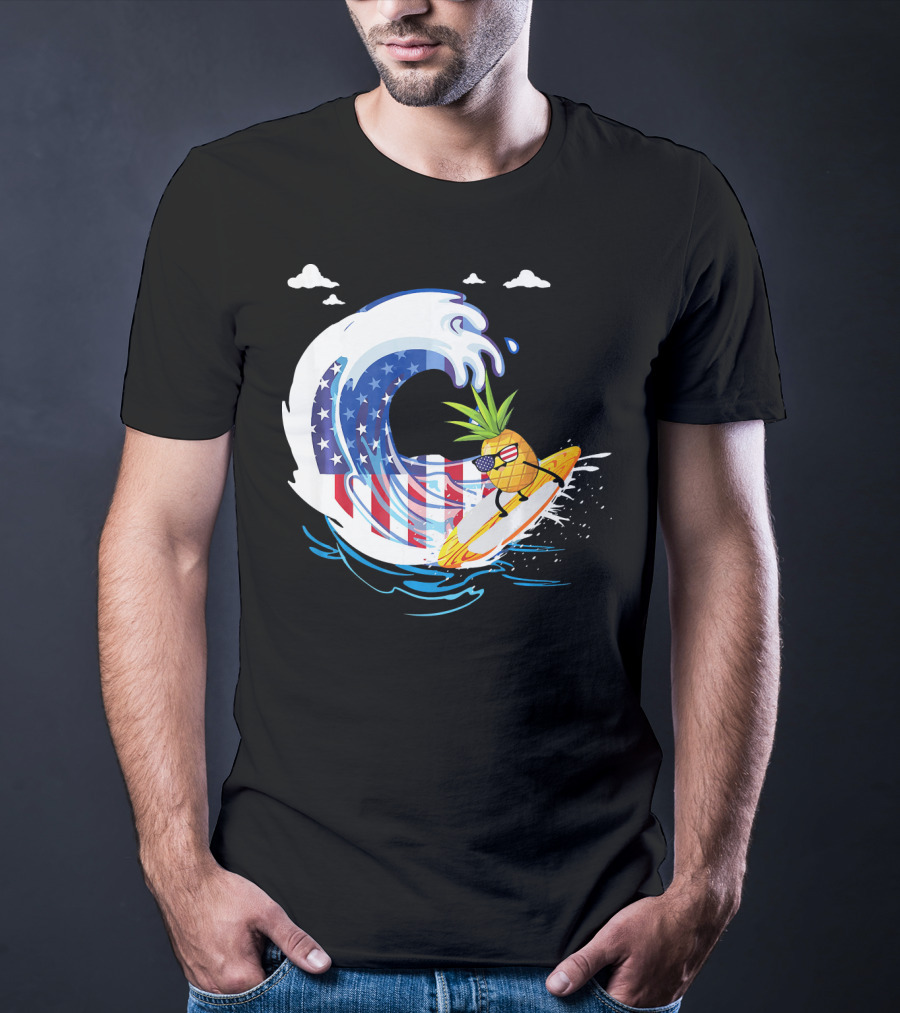 Pineapple Surfing American Flag Wave Hawaiian T-Shirt