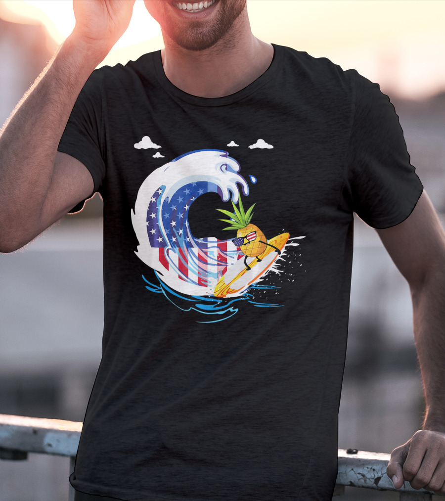 Pineapple Surfing American Flag Wave Hawaiian T-Shirt