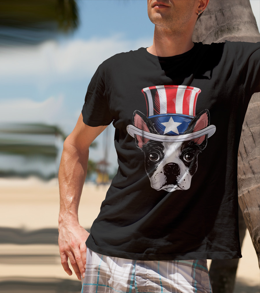 Boston Terrier Wearing Uncle Sam Hat With Star And Stripes T-Shirt