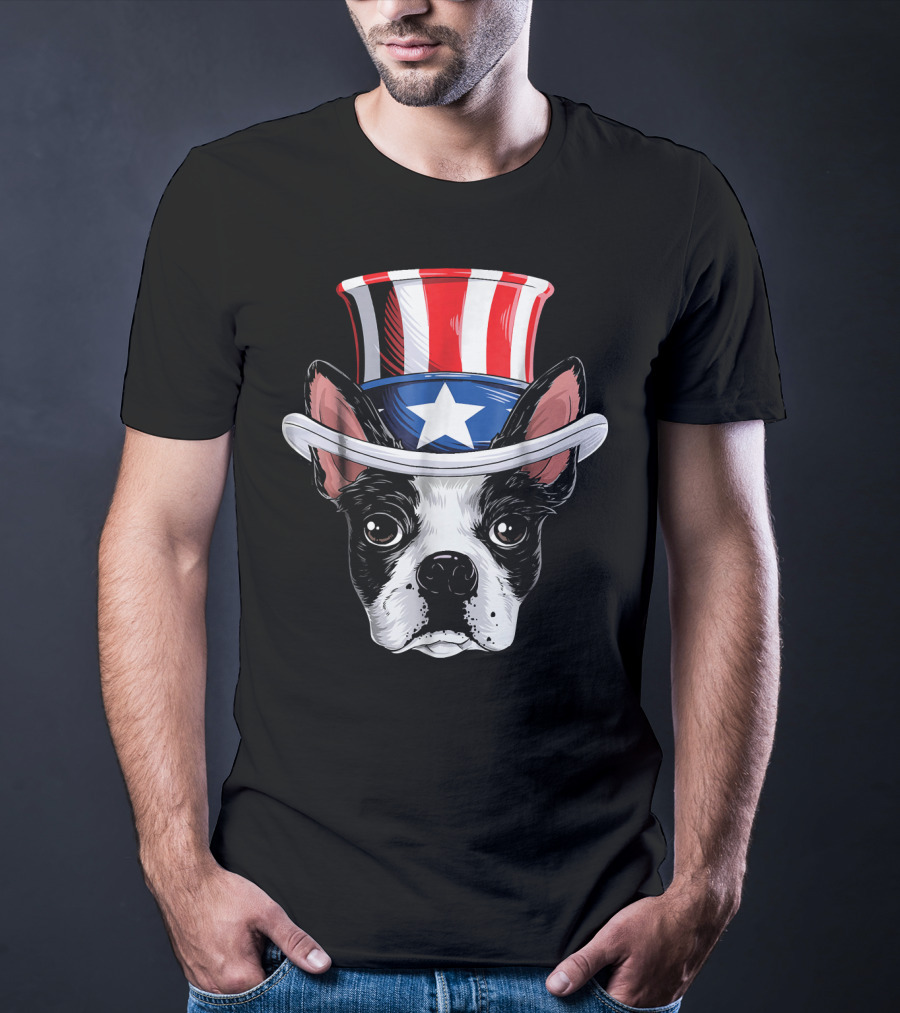 Boston Terrier Wearing Uncle Sam Hat With Star And Stripes T-Shirt