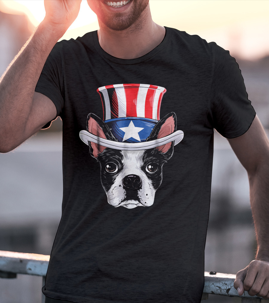 Boston Terrier Wearing Uncle Sam Hat With Star And Stripes T-Shirt