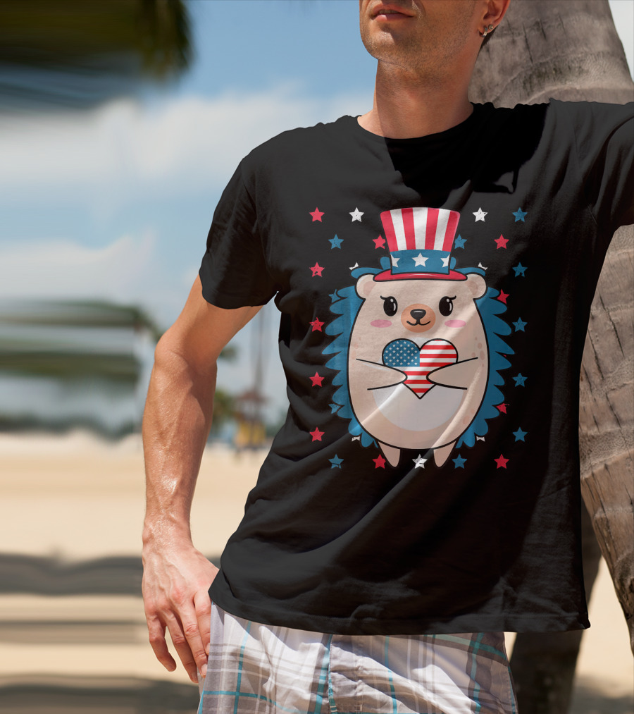 Hedgehog Patriotic Stars Uncle Sam Hat Holding USA Flag Heart T-Shirt