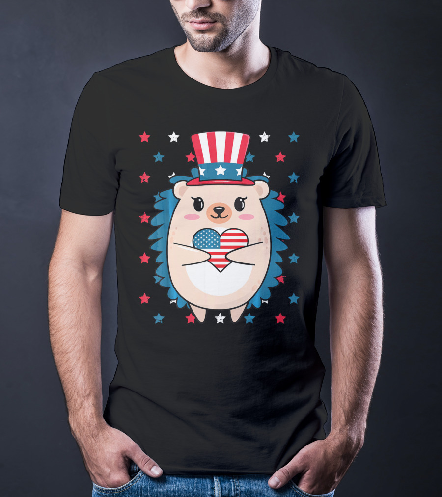 Hedgehog Patriotic Stars Uncle Sam Hat Holding USA Flag Heart T-Shirt