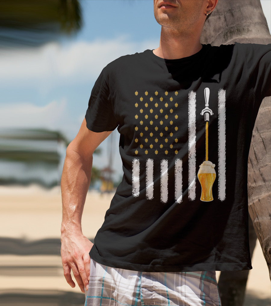 USA Flag Hops Pattern Craft Beer Tap Pouring T-Shirt