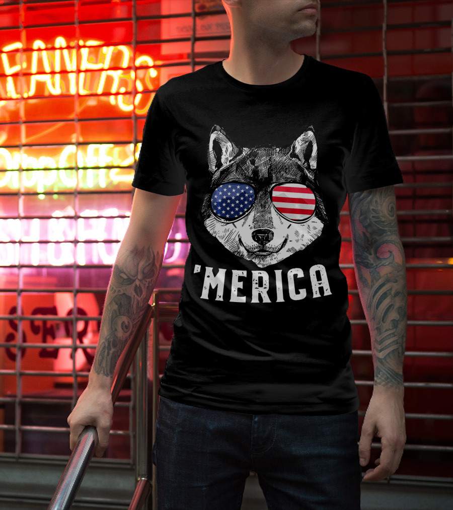 Patriotic Wolf American Flag Sunglasses 'Merica T-Shirt