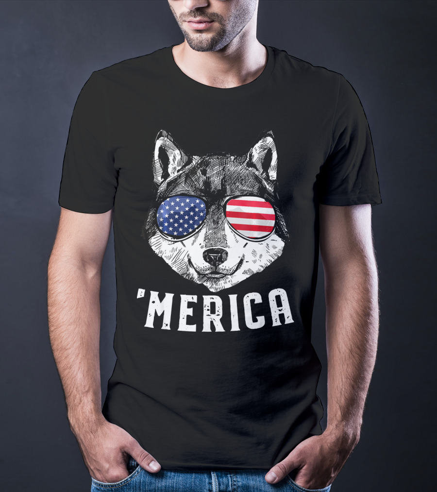 Patriotic Wolf American Flag Sunglasses 'Merica T-Shirt